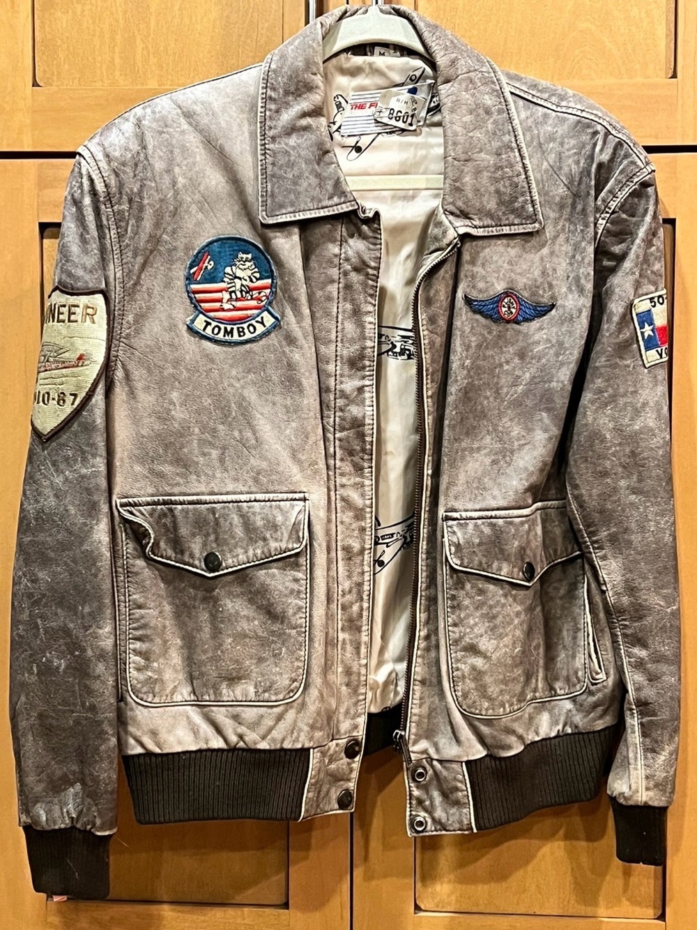 Vintage Flight Club Leather Bomber Jacket Aviation Top Gun Patches